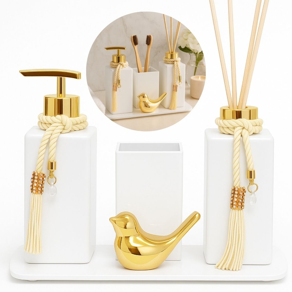 Kit Completo Lavabo Branco Vaso Quadrado Difusor Aromatico e Passarinho