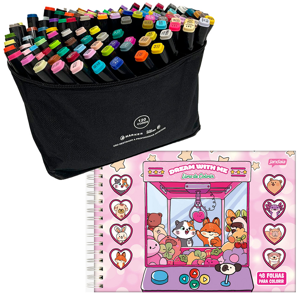 Kit Marcador 120 Cores + Livro Colorir Grande Rosa em Oferta na Shopee