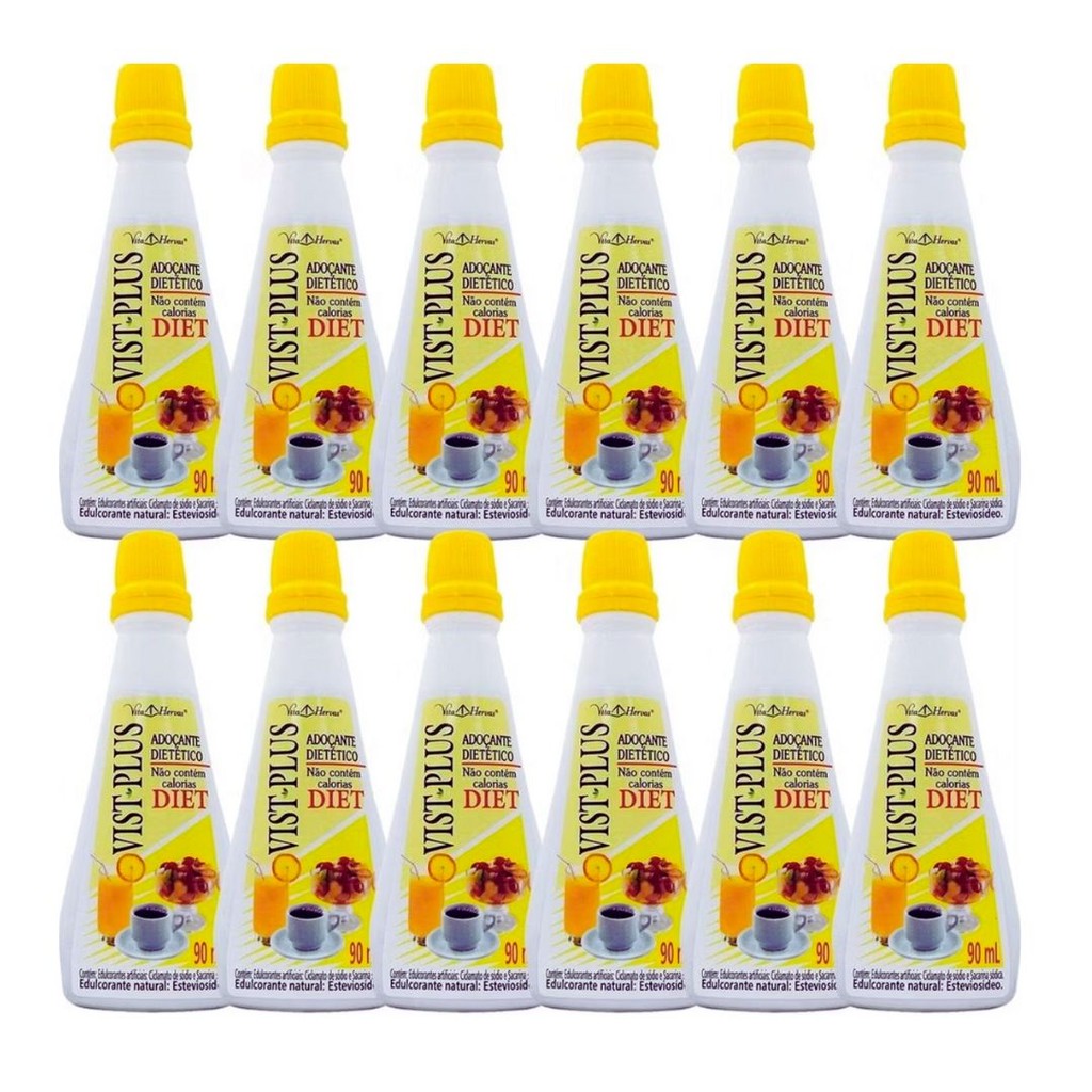 KIT12  Adoçante Dietético Vist Plus Diet Amarelo 90Ml - Vitalab em Oferta na Shopee