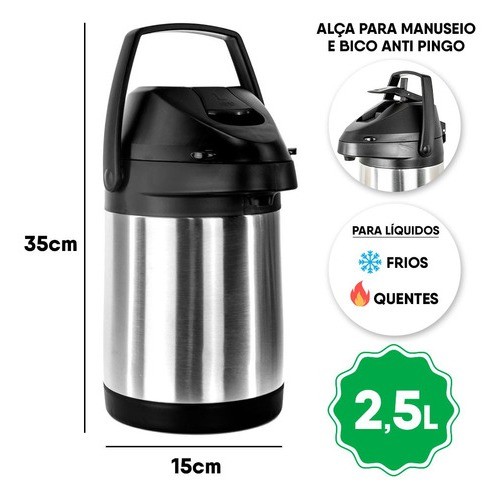 Detalhes do Garrafa Termica Preta Inox 2.5l Tereré Café Chimarrão Chá