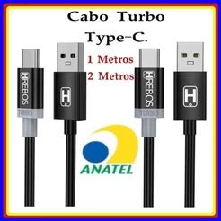 Cabo Type-C Turbo 3.1A Carregamento Rápido Preto – 1 e 2 metros HRebos original HS-26 HS-100