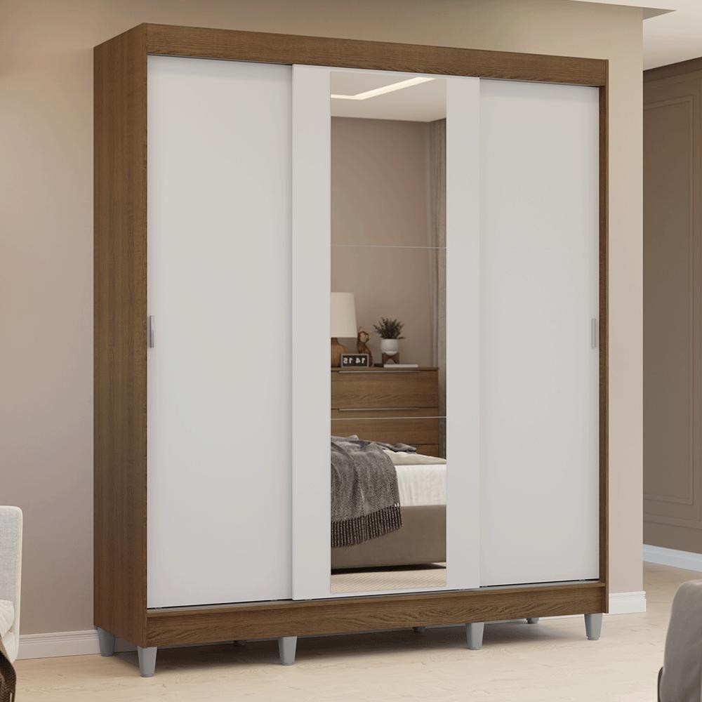 Guarda-Roupa Casal com Pés 3 Portas de Correr com Espelho Rustic/Branco Reno Madesa