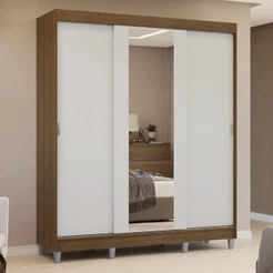 Guarda-Roupa Casal com Pés 3 Portas de Correr com Espelho Rustic/Branco Reno Madesa