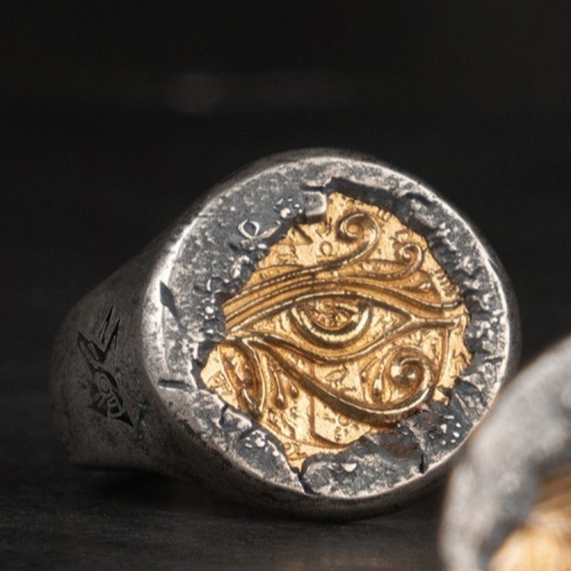 Anel de Cobre Incrustado com Tesouro do Faraó Olho de Hórus Anel de Cauda Masculino da Moda Anel de Dedo Indicador