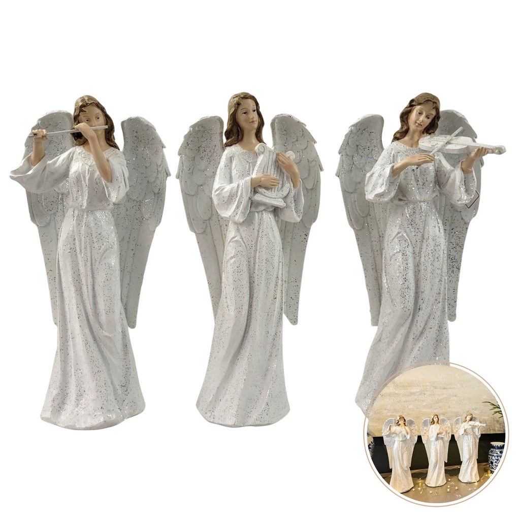 Kit 3 Anjo Decorativo Branco Músico 37cm Natal Arte Sacra