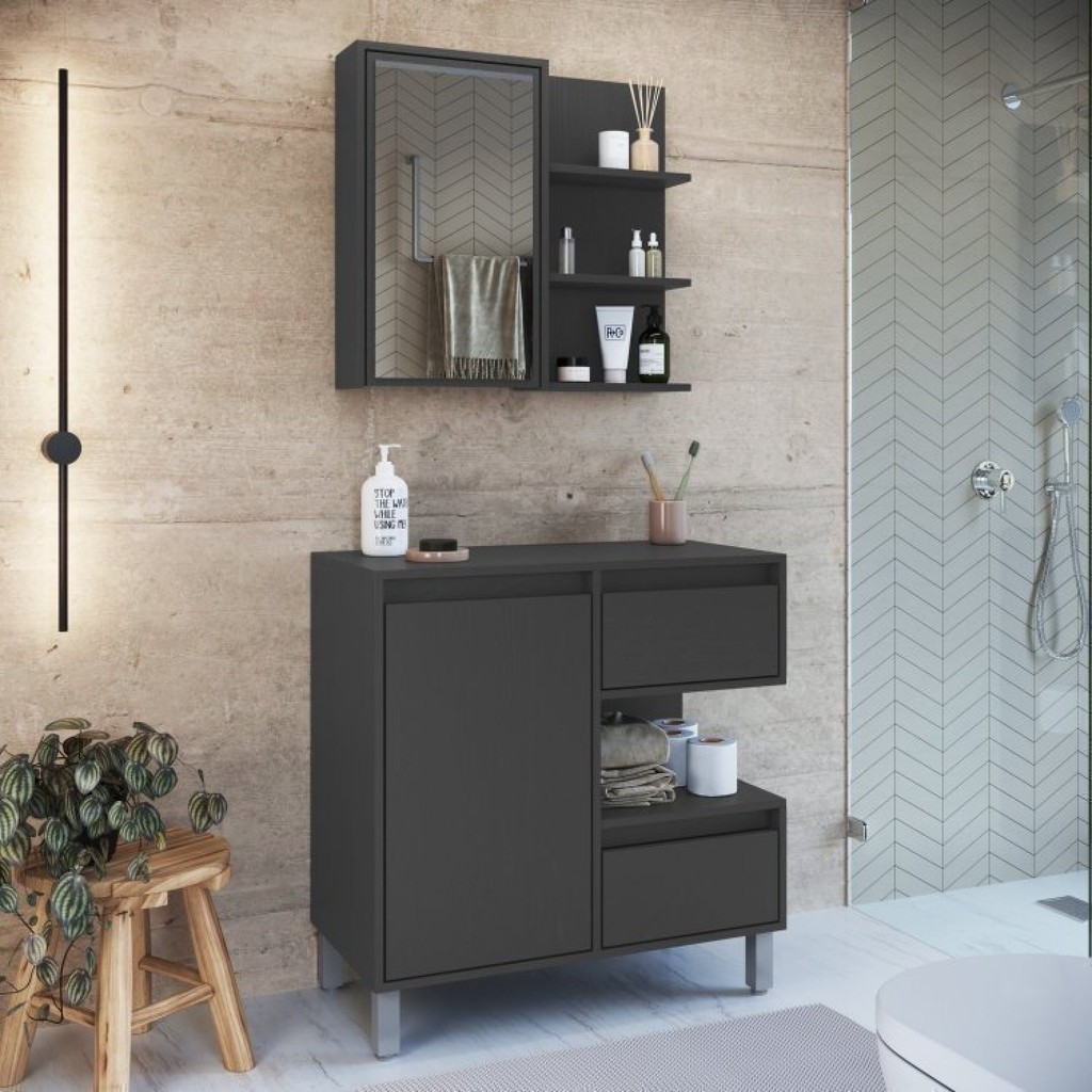Gabinete de Banheiro 80cm Paula com Espelheira 01 Porta sem Cuba Grafite em Oferta na Shopee