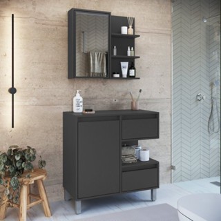 Gabinete de Banheiro 80cm Paula com Espelheira 01 Porta sem Cuba Grafite em Oferta na Shopee