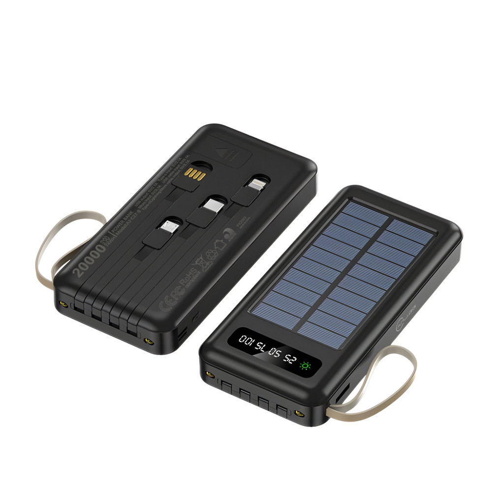 Power Bank Solar 20.000mAh com Iluminação e Carregamento Rápido 4 Saídas 1 Porta Type-C Preto em Oferta na Shopee