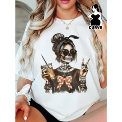 Camiseta Feminina Plus Size Caveira Estilosa Estampada Premium Confortável Moderna Casual