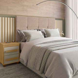 Cabeceira Estofada Extensível Casal/queen/king com 2 Mesas de Apoio 4 Gavetas Suiça Cinamomo/Off White em Oferta na Shopee