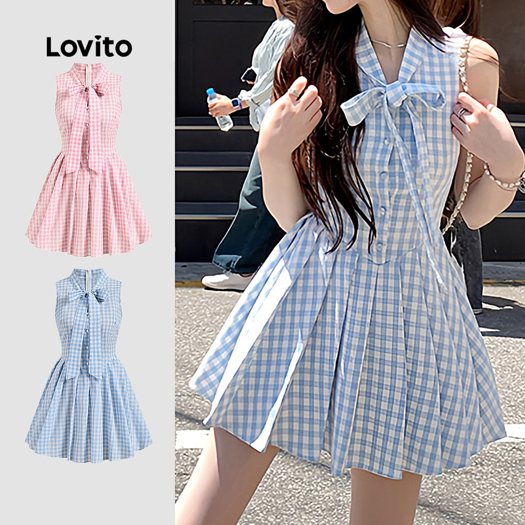 Lovito Vestido Casual Feminino Xadrez Drapeado Com Cadarço E Laço Vestido De Verão/primavera L133AD513 em Oferta na Shopee