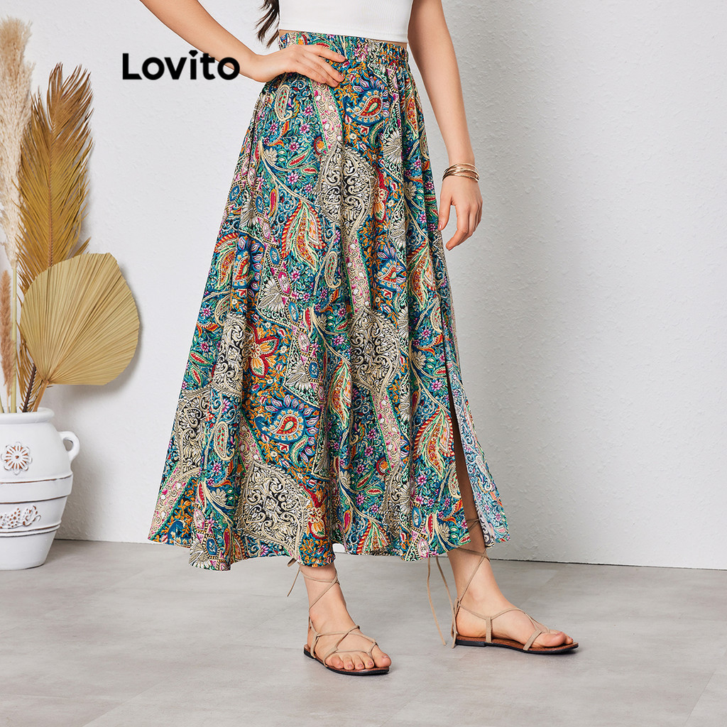 Detalhes do Lovito Saia Casual Feminina Saia Tropical Drapeada Verão/primavera LBL08213