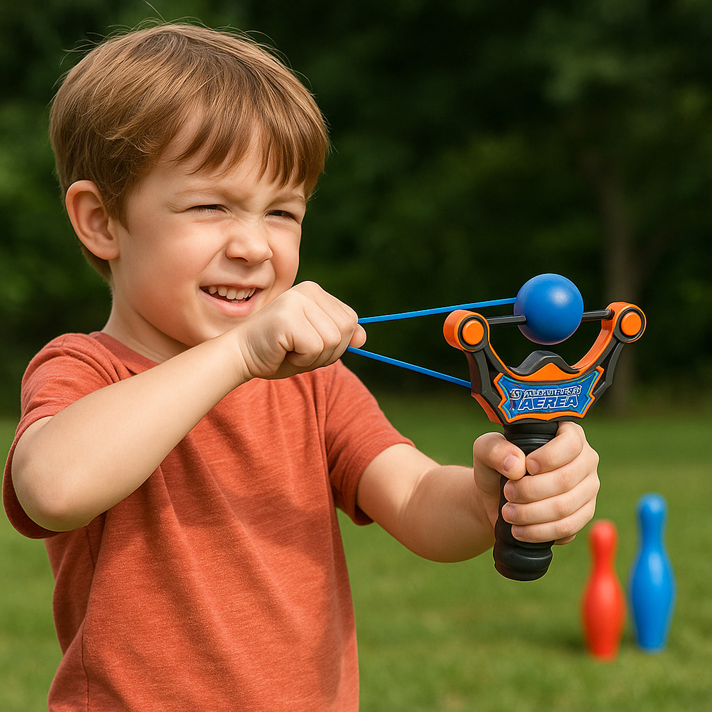 Brinquedo Infantil Estilingue Lançador De Bola Tempestade Aérea Com 4 Bolas + 2 Pinos De Boliche