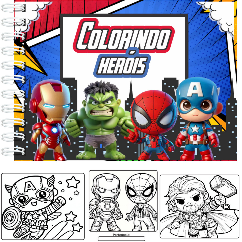 Livro de Colorir Heróis Capa Dura Premium Com Brilho Holográfico 180G + Acetato Protetor
