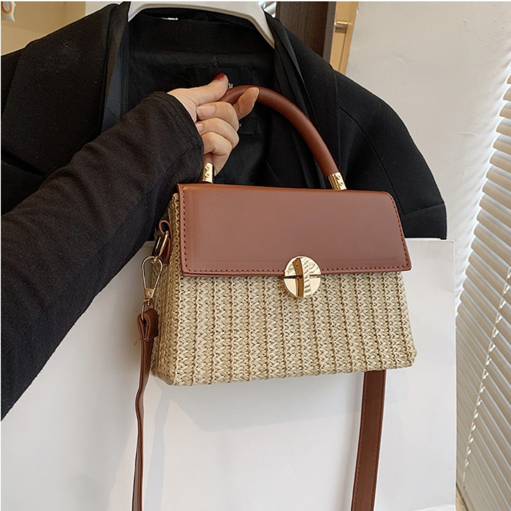 Bolsa de palha com design moderno, bolsa transversal, pequena bolsa quadrada