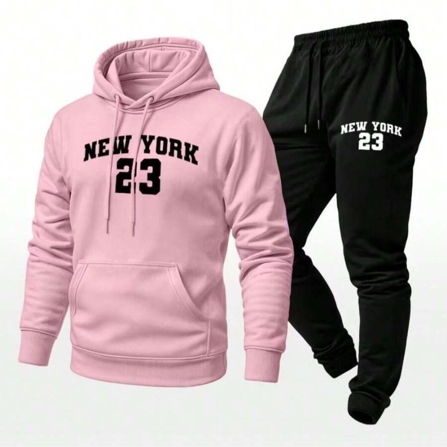 Conjunto Moletom Unissex Estampado Nova York Calça Moletom e Blusa Com Capuz Bolso Canguru Frio