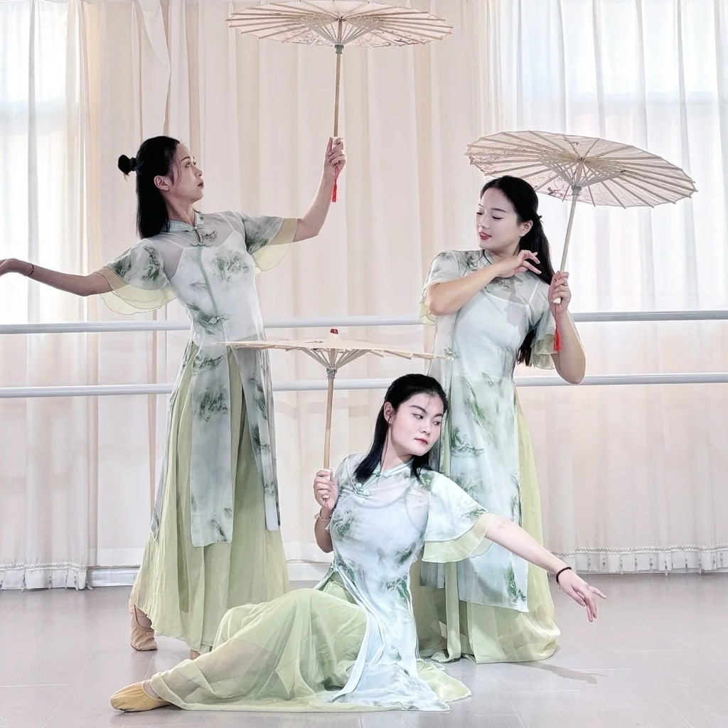 Guarda-chuva de papel óleo traje de desempenho crianças dança clássica corpo rima gaze roupas meninas enevoado chuva bar
