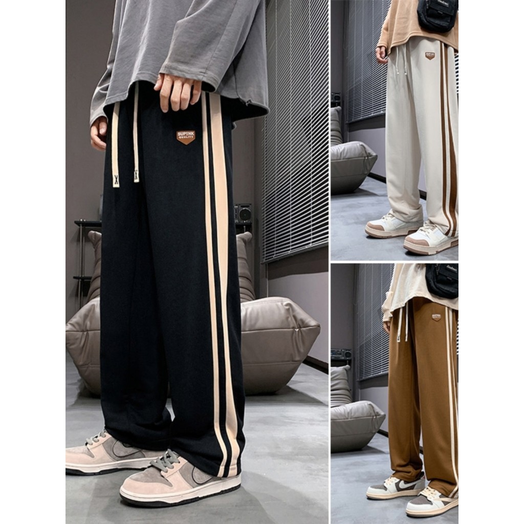 Calça de moletom esportiva masculina verão Street Wear costura listras laterais perna larga calças casuais primavera out