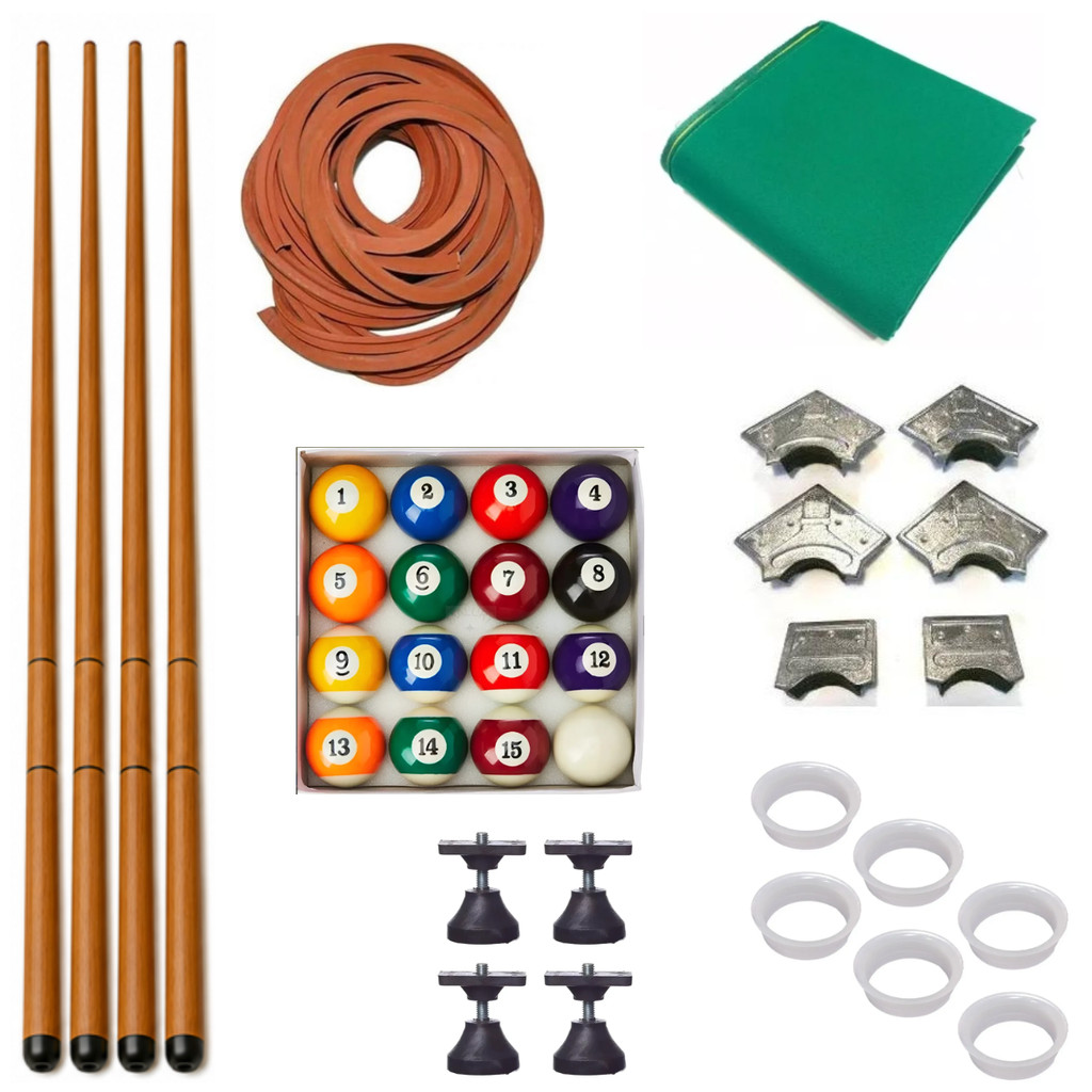 kit Sinuca Reforma Pano Tecido Bola Pé Nivelador Taco Caçapa Borracha Bilhar Snooker