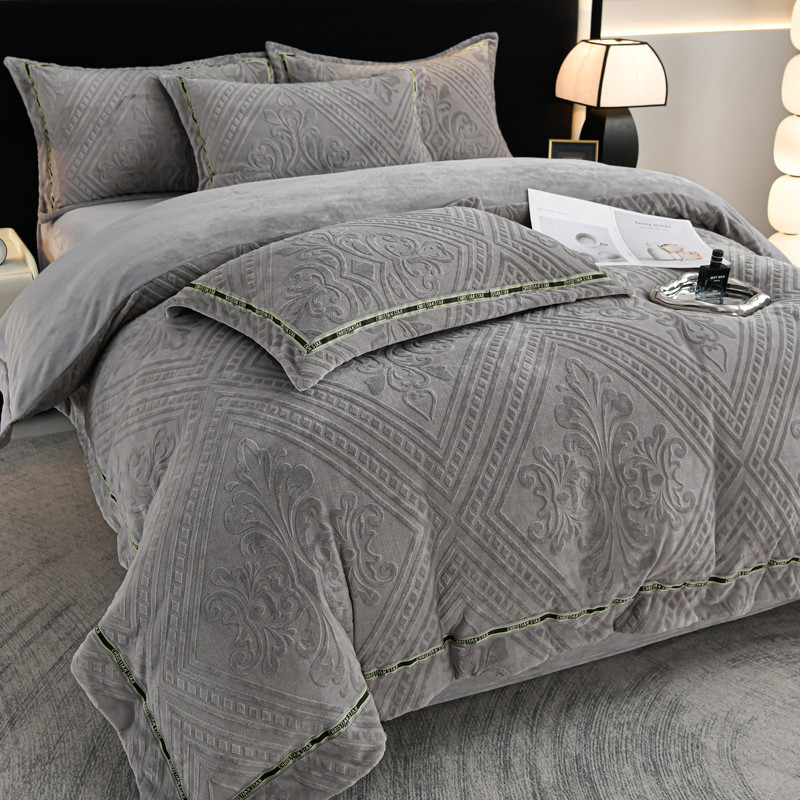 Inverno esculpido leite velo cama conjunto de quatro peças dupla face engrossado velo flanela colcha capa de pelúcia len