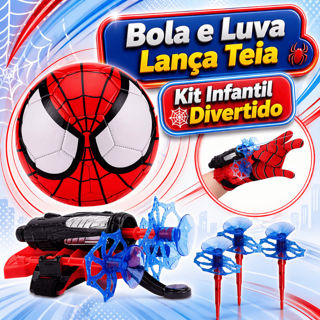 Kit Bola e Luva Lança Teia Infantil Homem Aranha Brinquedo Criança Presente Menino Promoção