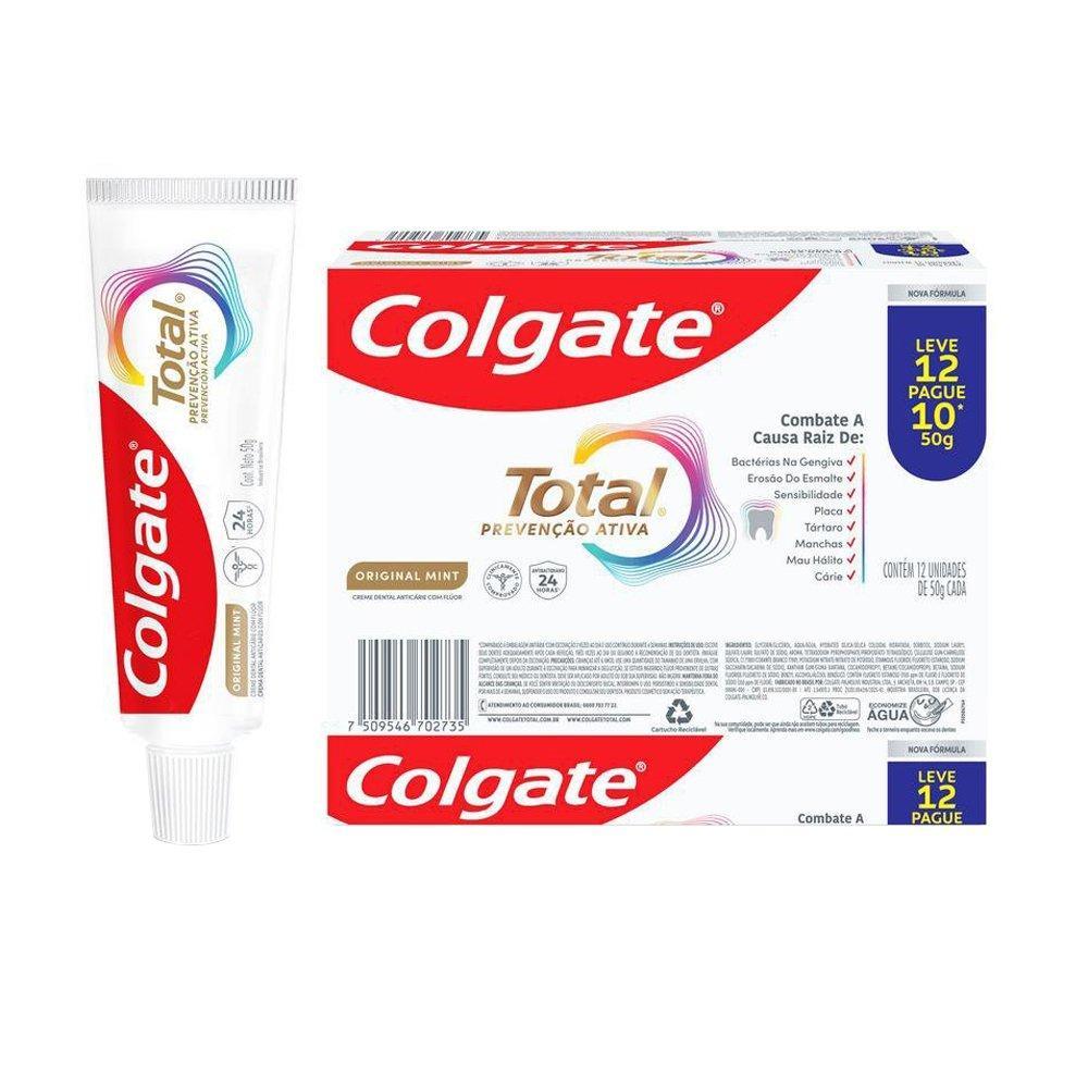 Creme Dental Colgate Total Prevenção Ativa Original Mint 50g - Embalagem com 12 Unidades - Leve 12 Pague 10