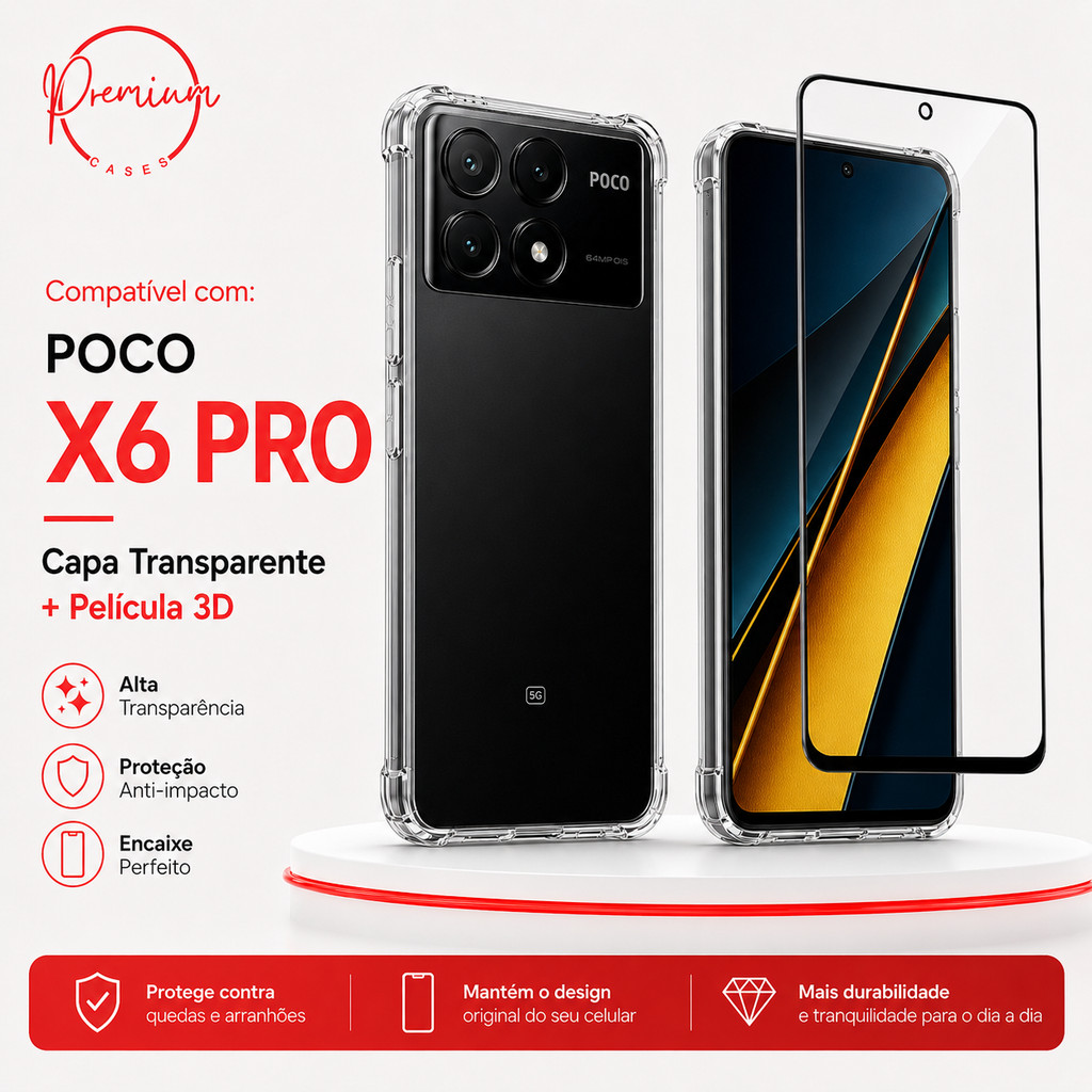 Capa Capinha Anti Impacto Para Poco X6 Pro 5G + Película 3D Vidro Temperado