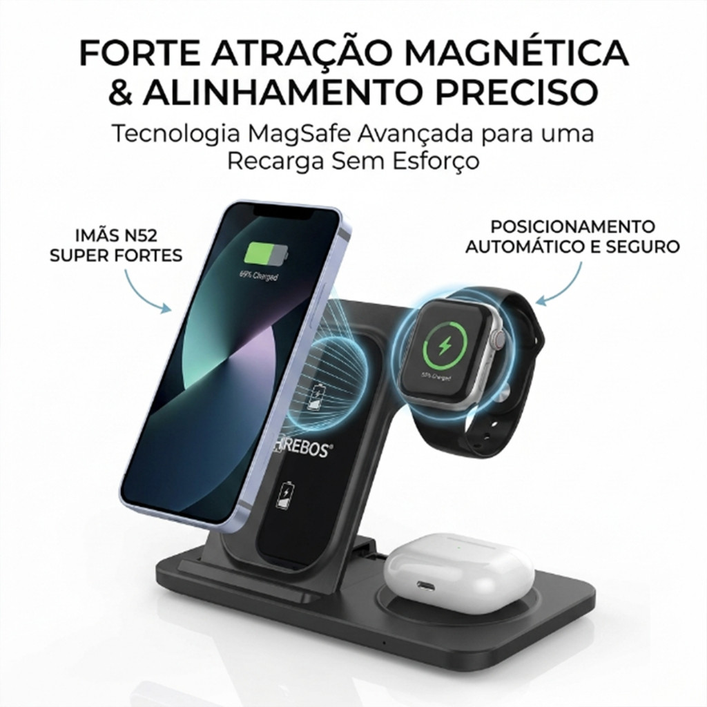 HREBOS × HEYOO Estação Carregamento 3 em 1 Qi2 Wireless 15W Suporte para iPhone