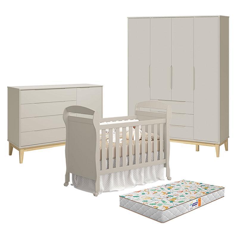 Quarto de Bebê 4 Portas com Cômoda com Porta Elfe Classic e Berço Danny Areia Natural com Colchão Gazin  - Reller
