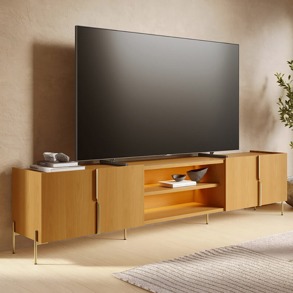 Rack Para Sala de Estar TV 85 Pol Com LED Pés Industrial 243cm Novare C04 Naturale - Lyam Decor