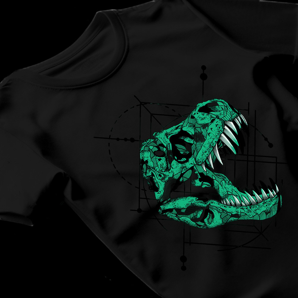 [Camiseta Premium em Algodão Puro]BOW Camiseta Dinossauro T-Rex Fóssil Estampa Verde Blusa Preta Algodão Geek Masculina