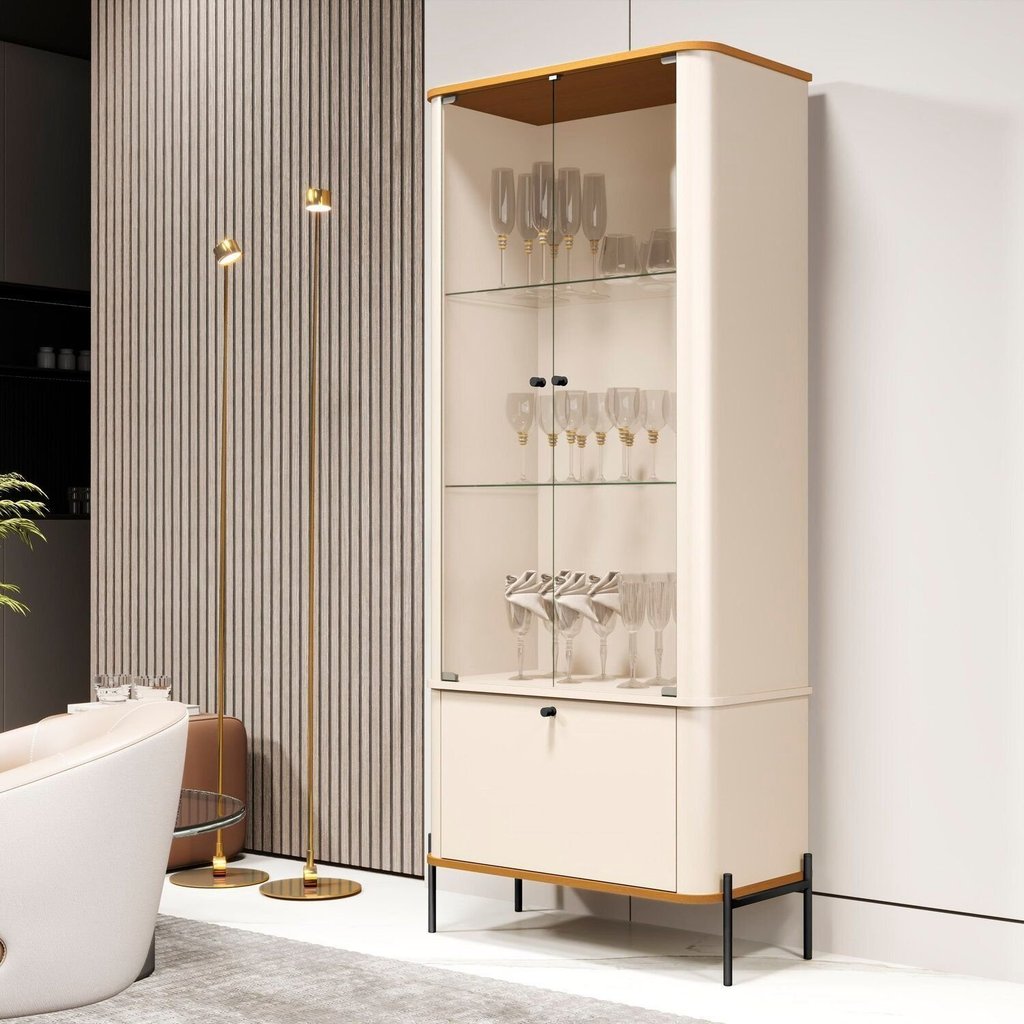 Cristaleira Curva com Portas em Vidro e Pés em Metal 100% MDF 180CMX76CM Tucupi Bege Off White/Nature/Preto