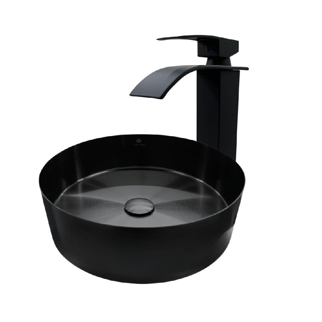 Kit Cuba de Banheiro Redonda Preta com Torneira Cascata Monocomando