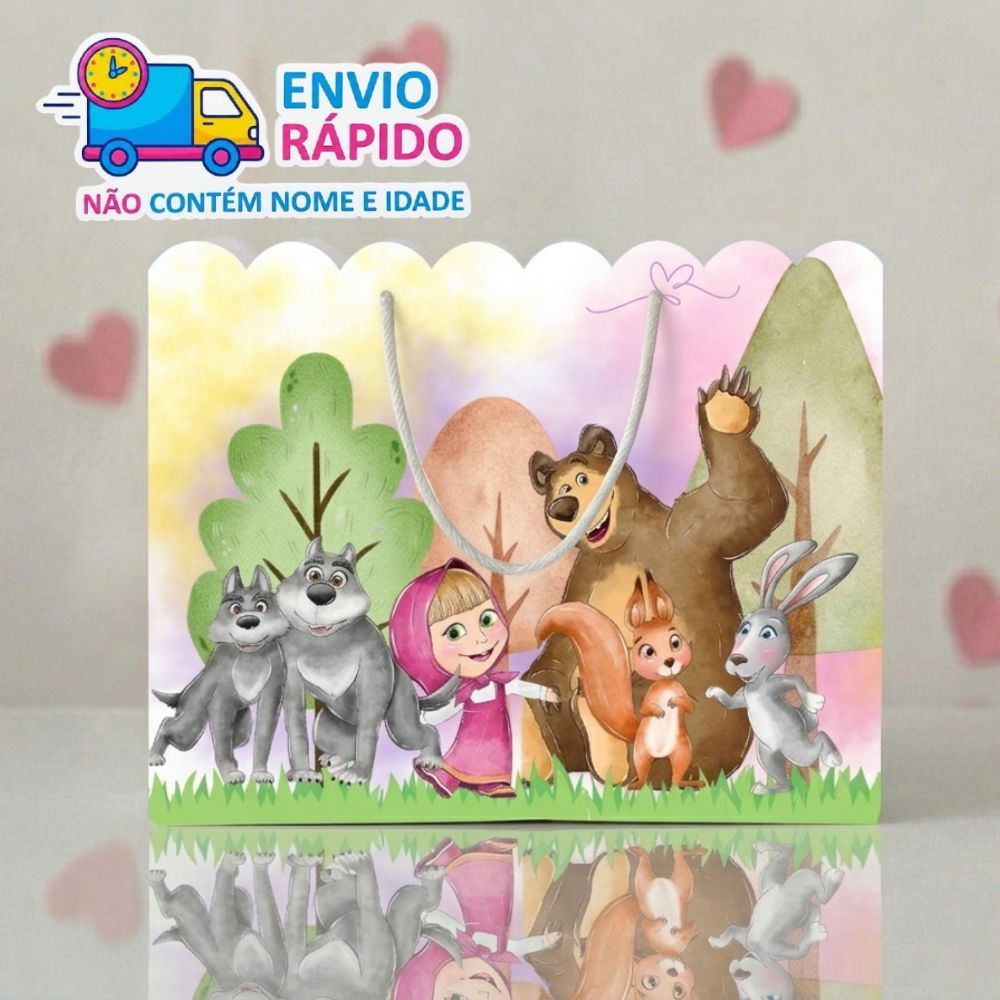 Kit Sacolinha Personalizada Marsha e o Urso (20x15x7cm) Lembrancinhas de Aniversário - PEGUE E MONTE