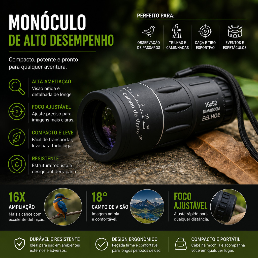 Monóculo Luneta Profissional 16x52 Alcance de Até 8km para Acampamento