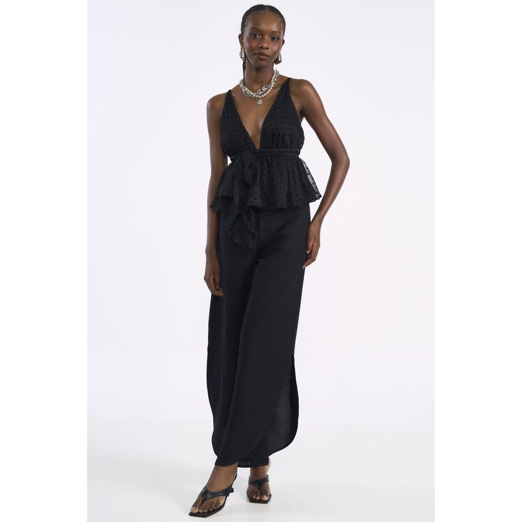 Blusa Colcci Preta Peplum Poá Alças Finas