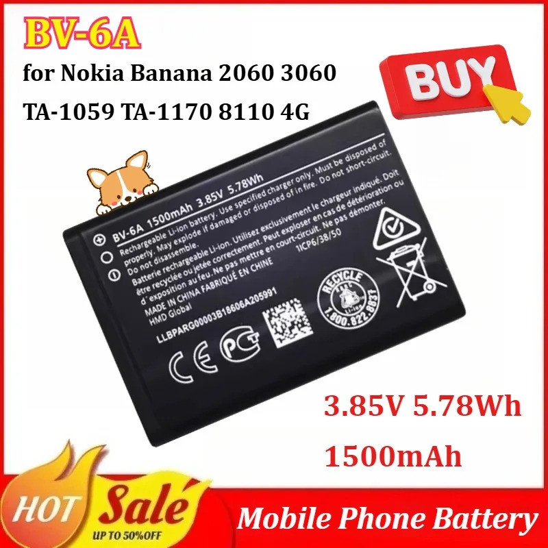 Nova Bateria De Telefone Móvel BV-6A 3.85V 5.78Wh 1500mAh Para Nokia Banana 2060 3060 TA-1059-1170 8110 4G Substituindo