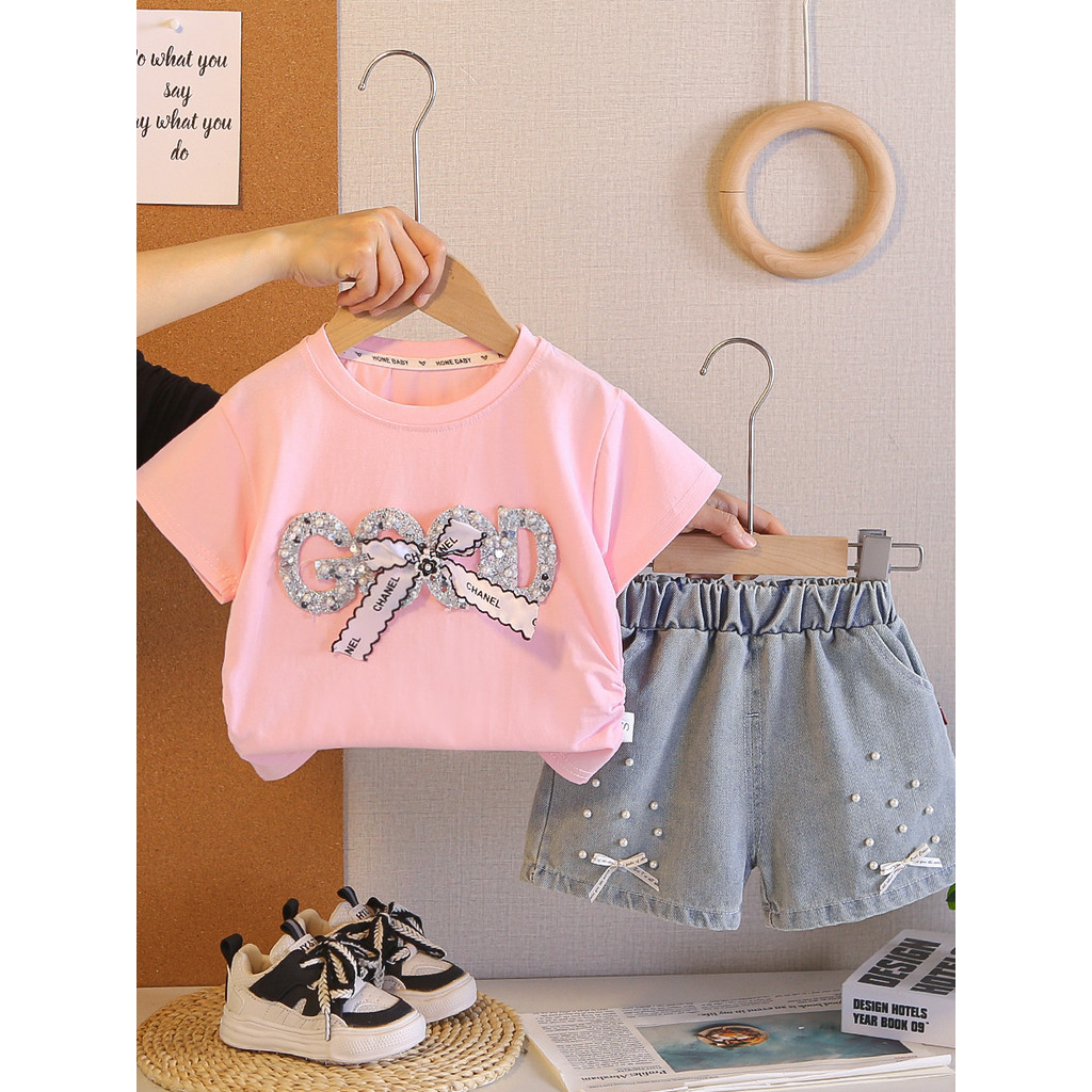 Meninas roupas de verão moda versão coreana de manga curta Denim Shorts terno bebê verão roupas da moda bebê crianças na
