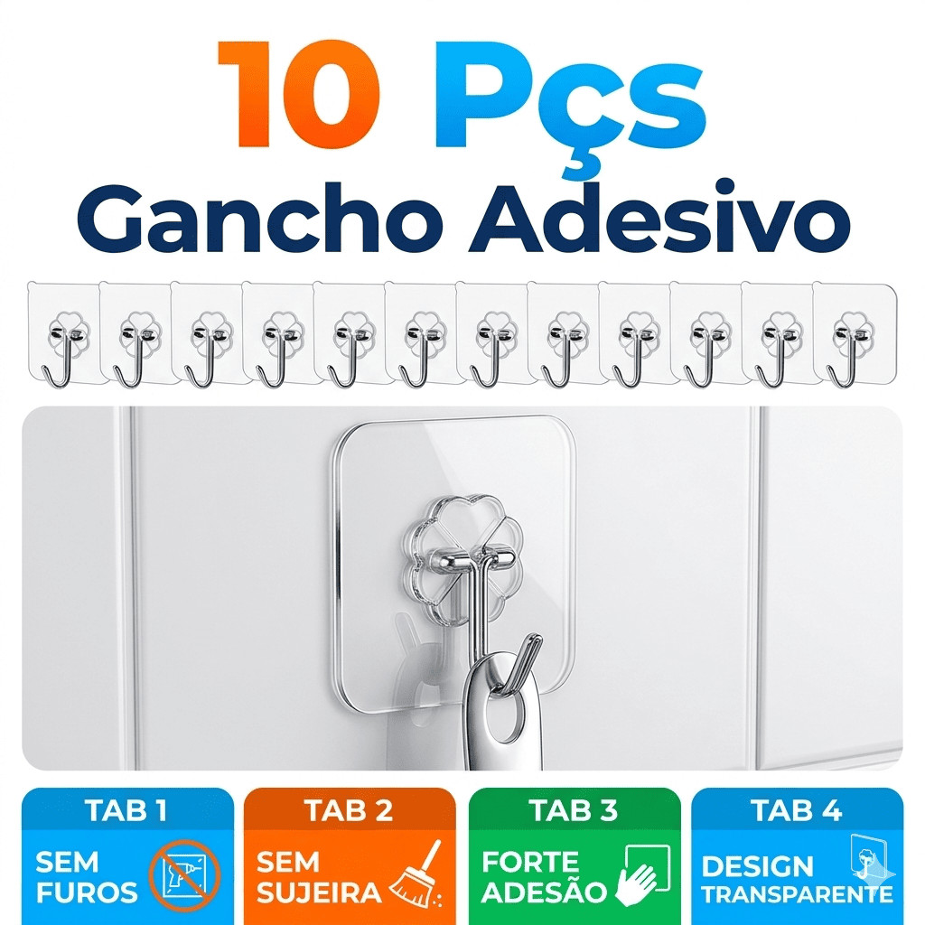 Gancho Adesivo de Parede Forte Multiuso Sem Furo para Cozinha Banheiro Quarto Organizador de Casa