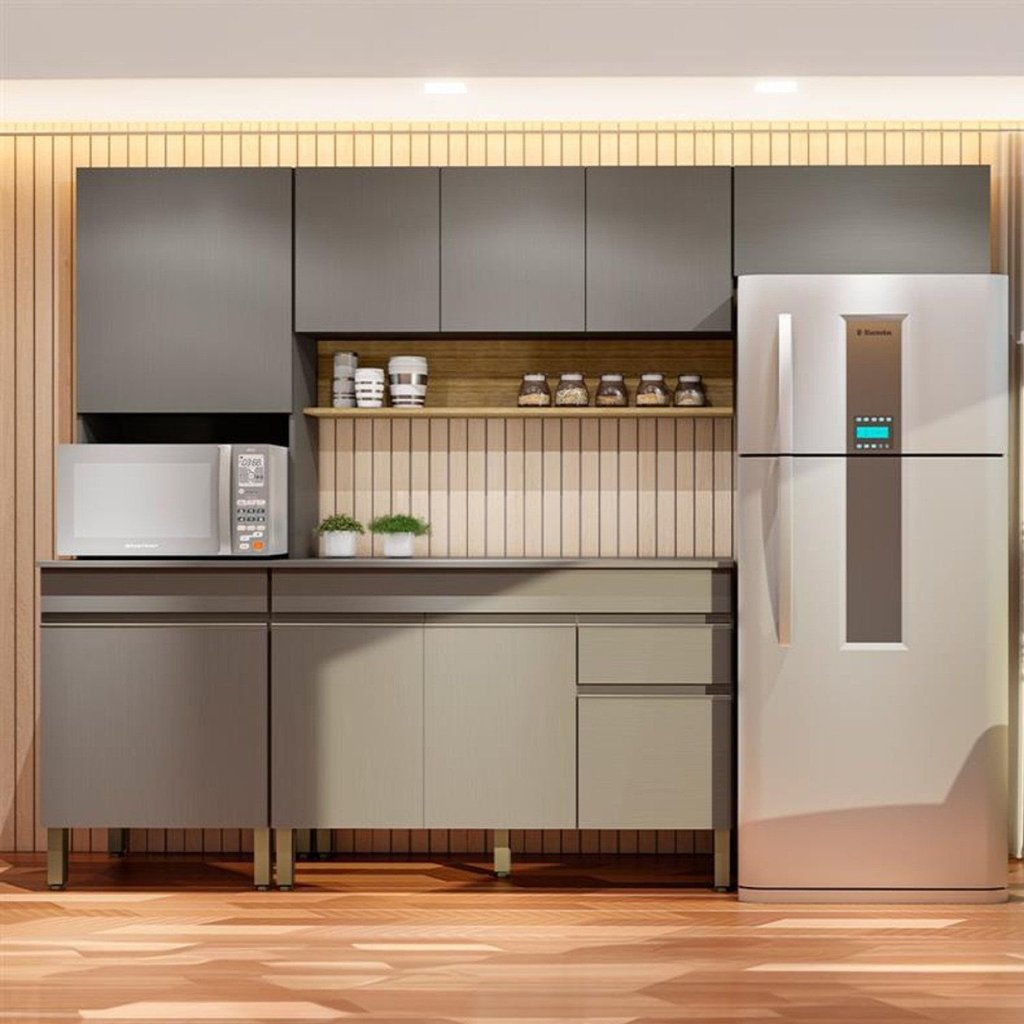Cozinha Compacta Modulada 4 Peças com Balcão 120cm com Tampo Line Cinza/Gris/Freijó Gris/Freijó