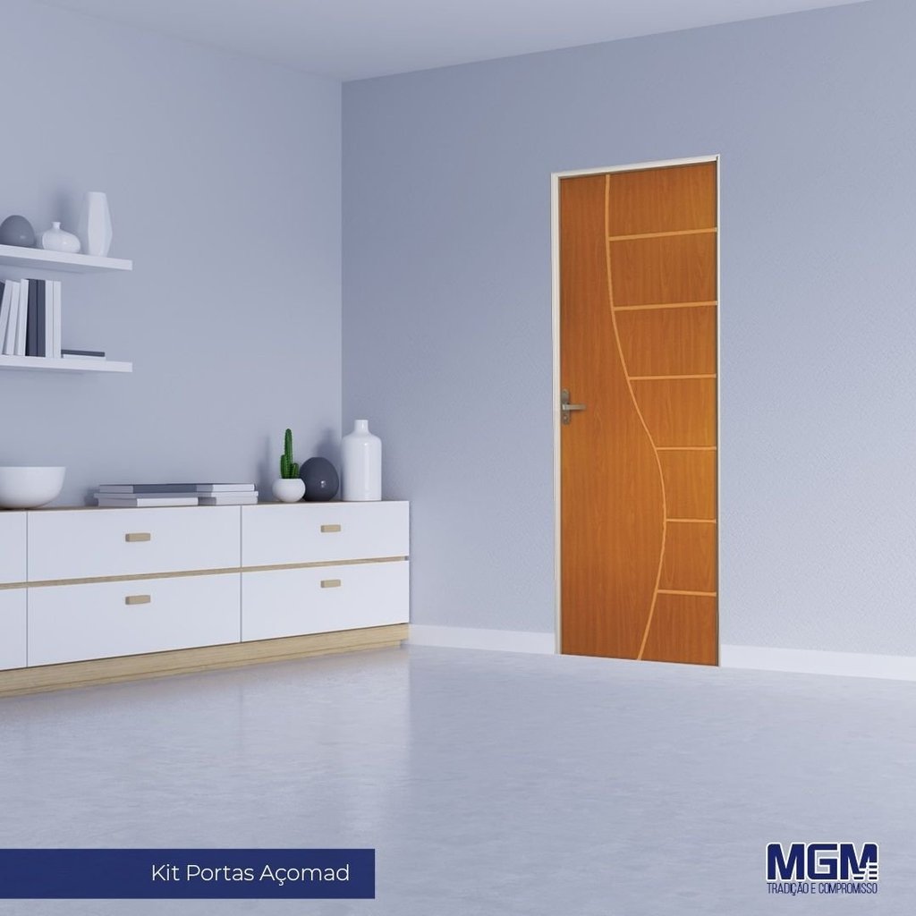 Kit Porta de Madeira Decorada 212x85cm com Batente de Alumínio 3,6cm Cantareira MGM Mogno Mogno