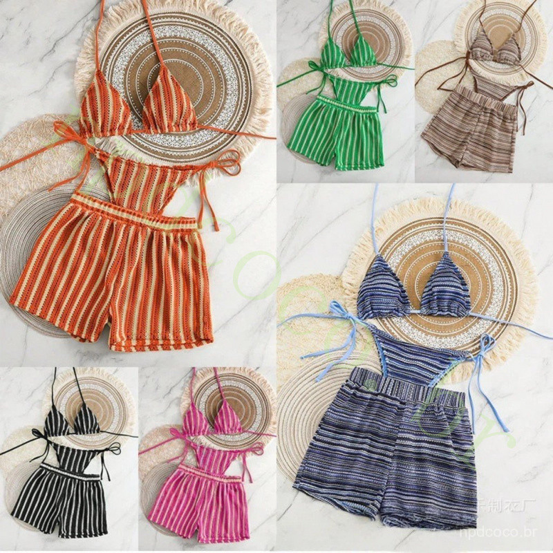 2026 Novo Conjunto de Biquíni de Tecido de Toalha com Decote Halter e Shorts, Três Peças UYKJ