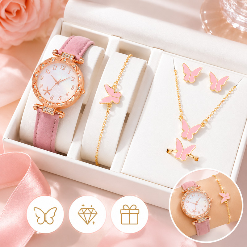 Conjunto Relógio Feminino Borboleta Rosa com Colar Brincos Pulseira e Anel Dourado