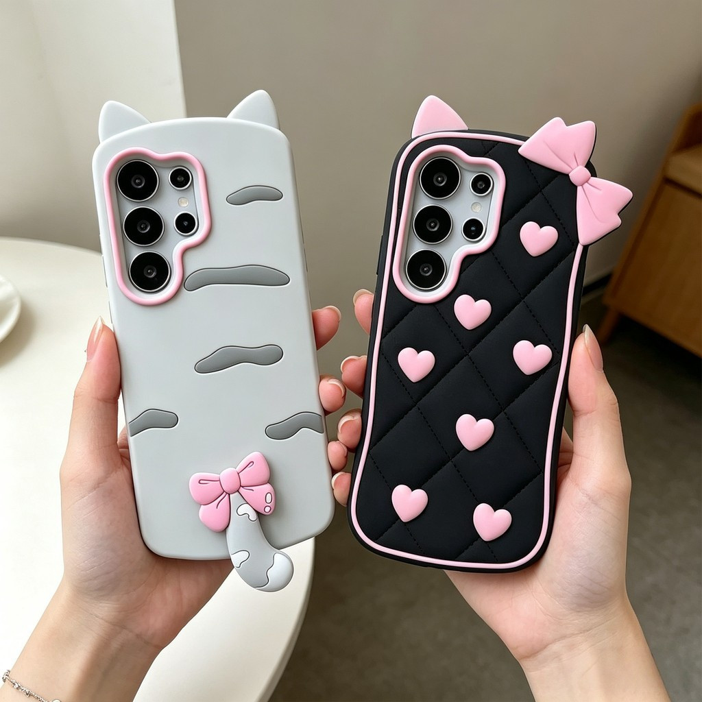 3D Dos Desenhos Animados Gatinho Bowknot Caso Para Samsung Galaxy S26 S25 S24 S23 Ultra FE A57 A37 A07 A56 A36 A26 A17 A