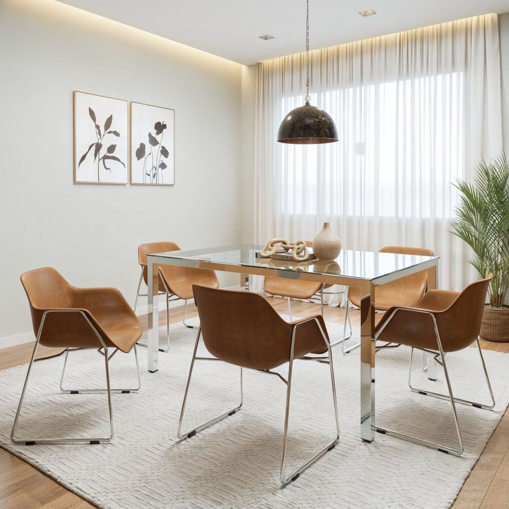 Conjunto Sala de Jantar 6 Lugares Retangular Tampo de Vidro 160X85cm Mesa Smart com Cadeiras Lodelô Serragem/Cromado