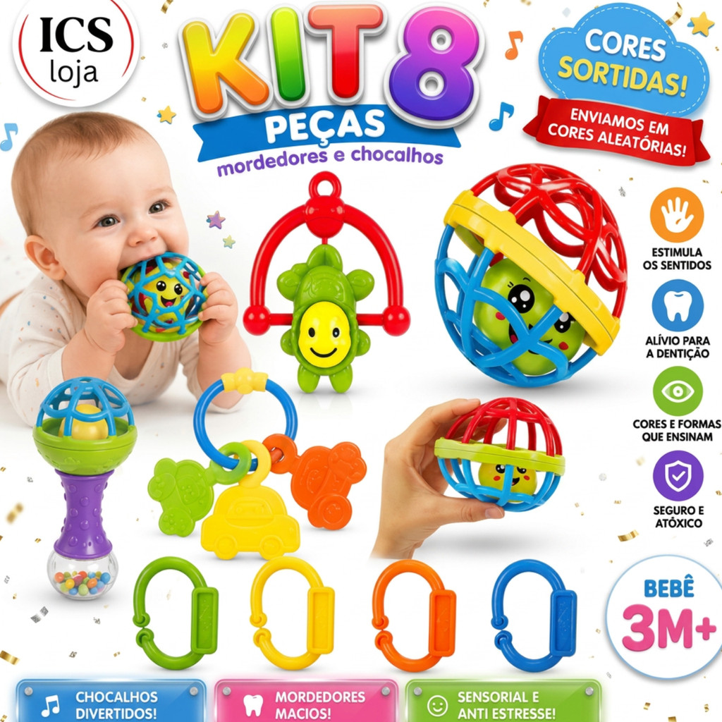 Kit 8 Peças Chocalho Brinquedo Mordedor Bebê Sensorial Livre BPA Antialérgico Estimulador Infantil Recém Nascido