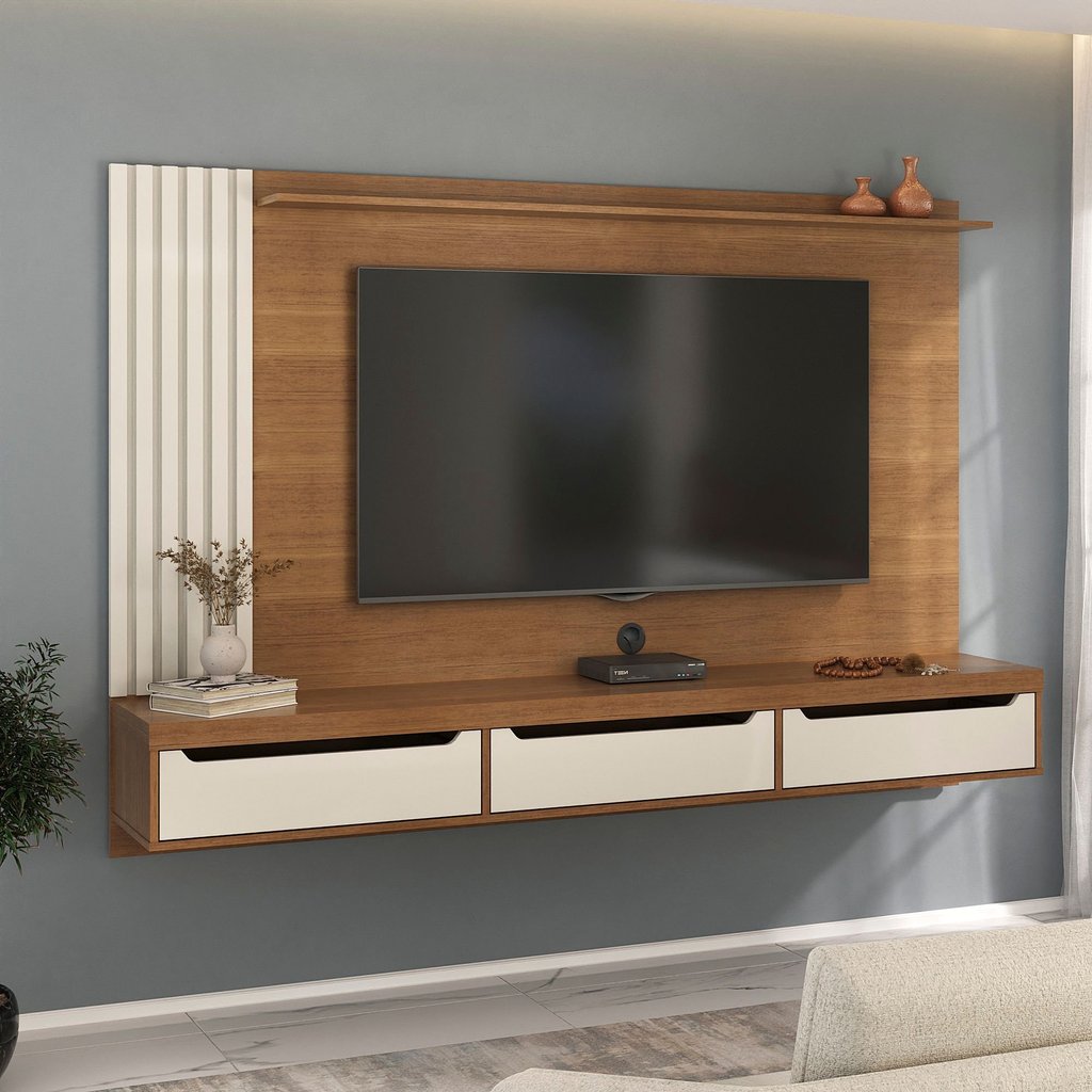 Painel Ripado para TV até 75 Polegadas MDF 200CMX137,5cm 3 Gavetas Presence Marrom Cinamomo/Off White