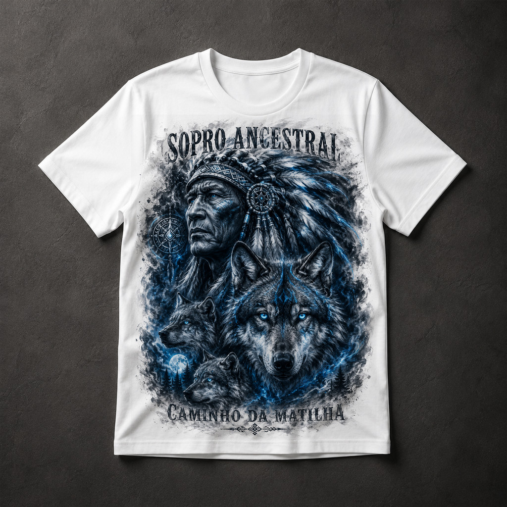 Camiseta Sopro Ancestral Caminho da Matilha Lobo Indígena Cocar Azul