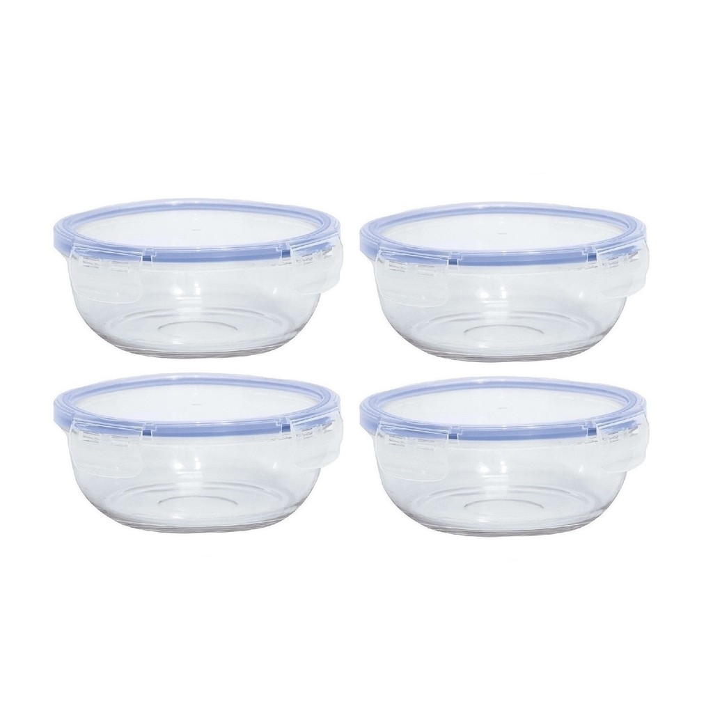 Kit 4 Pote Redondo Hermético 580ml Vidro Organização Cozinha 4 Travas Antivazamento Vedação Marmita Refratário Freezer
