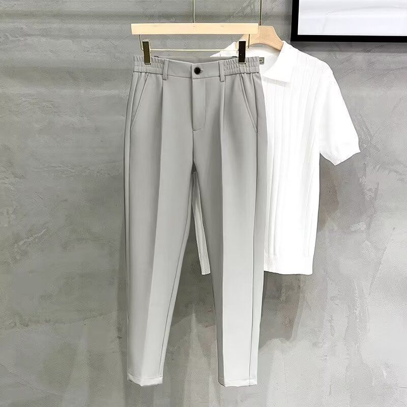 Calças de terno de verão masculinas drapeadas calças magras de ajuste fino masculino solto All-match terno tornozelo com